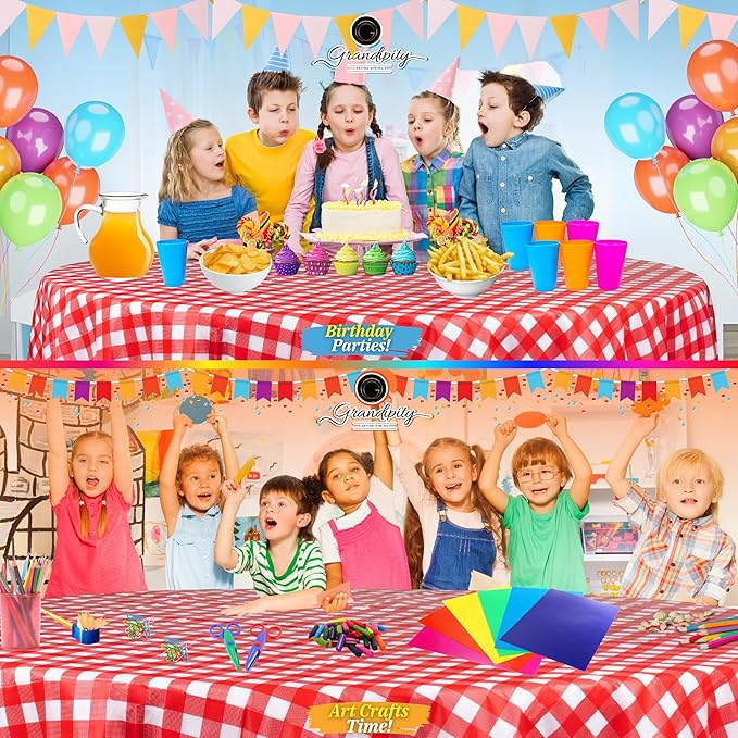 Grandipity 12 Pack Premium Disposable Plastic Picnic Tablecloth 84" Inch Decorative Round Table Cover - Red Checkered Gingham