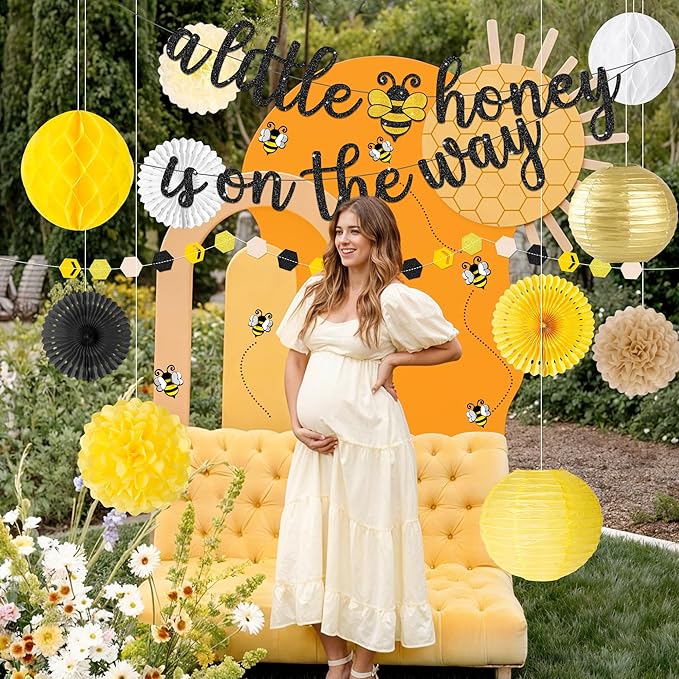 Kriyokiaa Bee Baby Shower Decorations 15 Pcs Honey Bee Baby Shower Decorations with A Little Honey is On The Way Banner, Paper Lantern Fans, Pom Poms, Honeycomb Ball for Bumblebee Party Decor