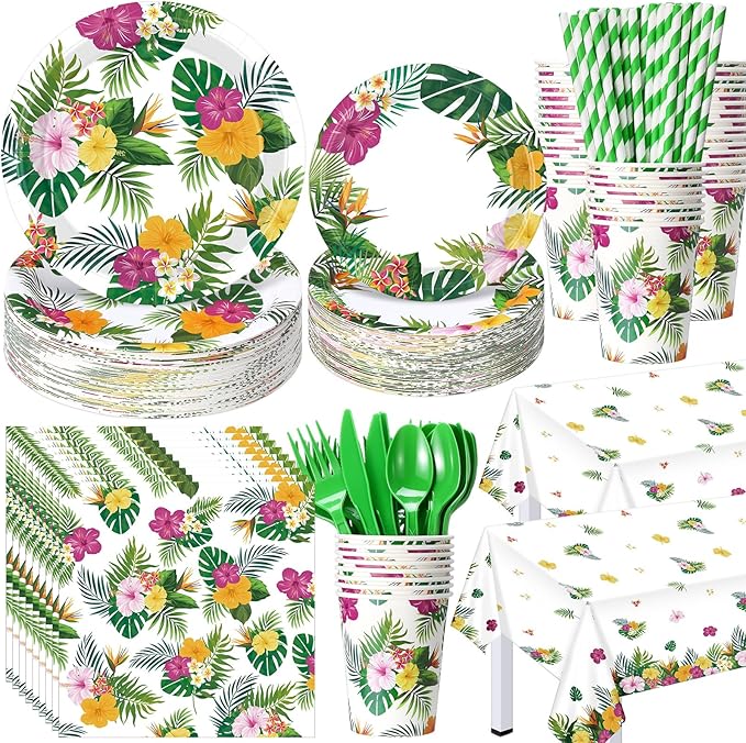 452 Pcs Hawaiian Party Decorations, Tropical Luau Paper Plates Napkins Cups Tablecloth Cutlery Straws for Summer Beach Aloha Floral Hawaiian Birthday Party Supplies Favors, Serves 50