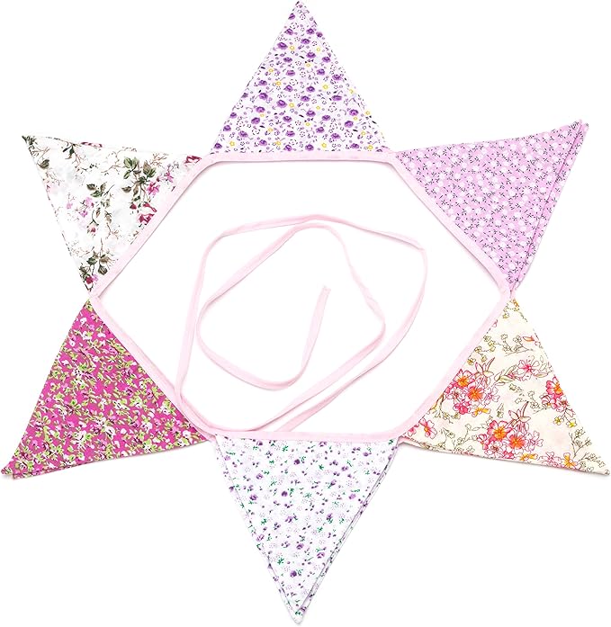 LOVENJOY Pink Floral 100% Cotton Bunting Banner for Girls Shabby Chic Wedding Birthday Decoration