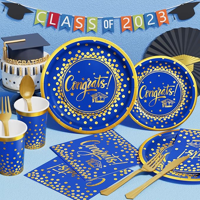 Ecomore 2026 Graduation Decorations - 245 PCS Grad Disposable Dinnerware(Serve 25) & Graduation Party Supplies With Congrats Paper Plate Cup Napkin Cutlery Tablecloth Backdrop Balloon Kit - Blue Gold