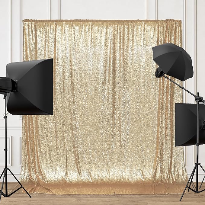 PartyDelight Light Gold Sequin Backdrop 6x8ft - High Density 3mm Shimmer Sequin Background with 4-Inch Rod Pocket, Sparkly Photography Curtain for Wedding, Birthday, TikTok & Live Decor