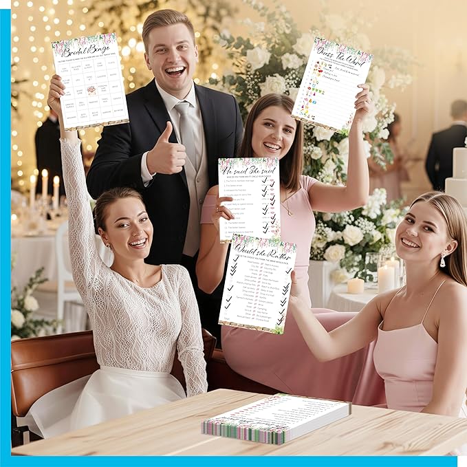 Bridal Shower Game Set, 4 Fun Games & Activities - Bingo Game/Would She Rather/He Said, She Said/Guess The Word for 30 Guests, All-in-one Set Wedding Party Supplies