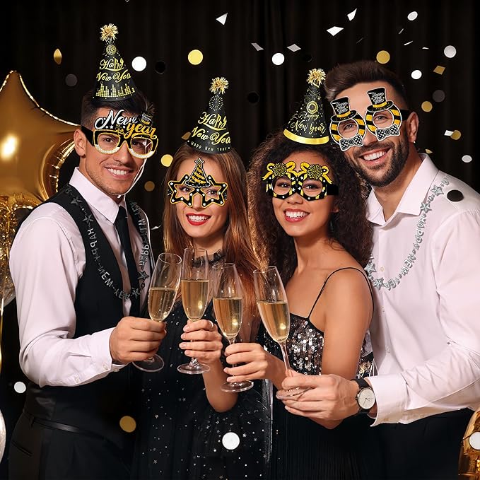 51 PCS New Year’s Eve Party Supplies 2026 Including Happy New Year Hats, Necklaces, Eyeglasses and Fringe Blowers for New Year's Eve Party Favors (Glasses)