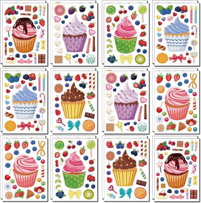 24 Sheets Cupcakes Stickers for Kids Treats and Sweets Sticker Sheets Make a Face Stickers for Birthday Party Mix and Match Dessert Cookies Stickers Party Favors