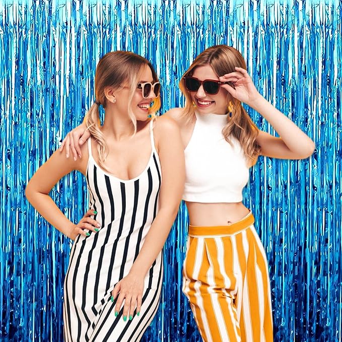 6 Pack Lake Blue Foil Fringe Curtains Backdrop, 3.28 x 9.8 Ft Metallic Streamers Tinsel Curtains Background for Photo Booth, Birthday, Halloween, Christmas, Thanksgiving, New Year Party Decorations