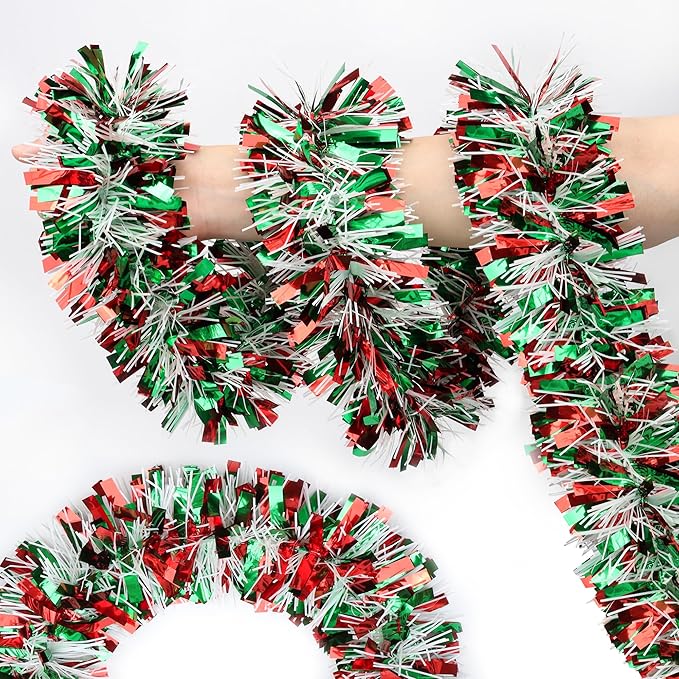 50 FT Red & Green & White Christmas Tinsel Garland Metallic Twist Shiny Hanging Garland for Christmas Tree Decorations Xmas Holiday Decor for Home Indoor Party Supplies - Red Green White