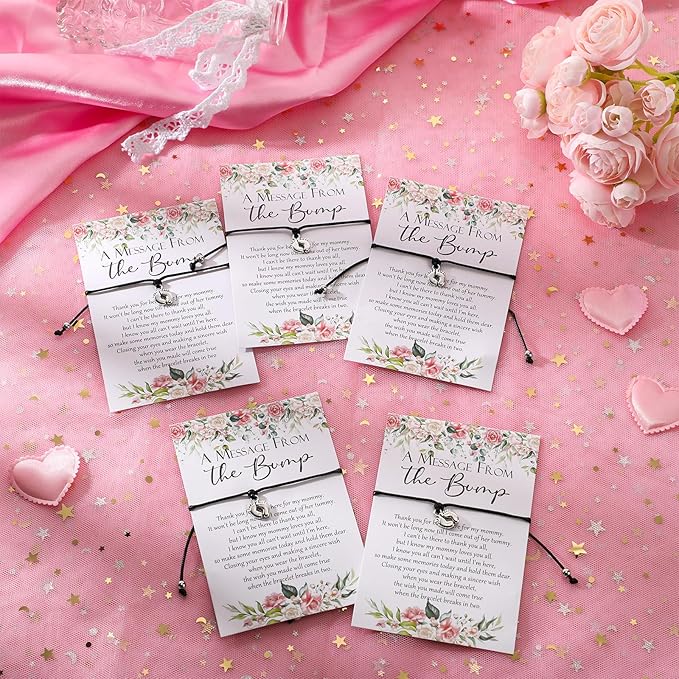 Thyle 50 Set Flower Baby Shower Favors for Guests Adjustable Bracelets with Message from the Bump Card Footprints Charm Baby Shower Bracelets for Gender Reveal Thank You Gifts
