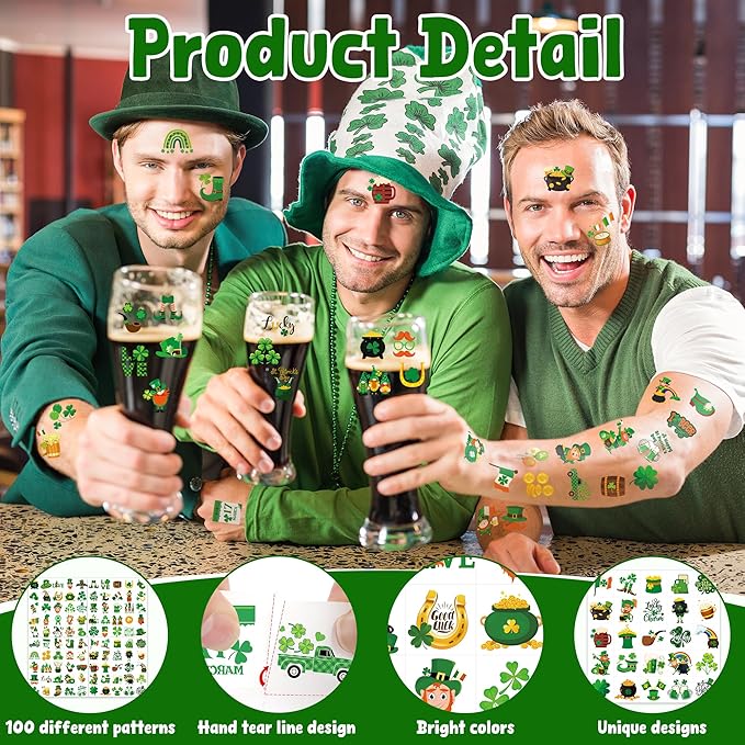 100 PCS St Patricks Day Tattoos, Irish Themed St Patricks Day Accessories with Green Clover, St Patricks Day Temporary Tattoos for St Patricks Day Party Favors Decorations Parade