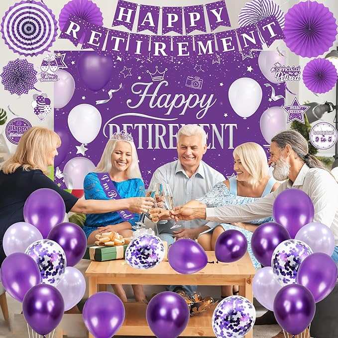 Holkcog Purple Retirement Party Decorations for Women, Silver Purple Happy Retired Banner Backdrop Paper fan Hanging Swirls for Coworker, I'm Retired Sash & Tiara Set, Great for Retiring Women Supply