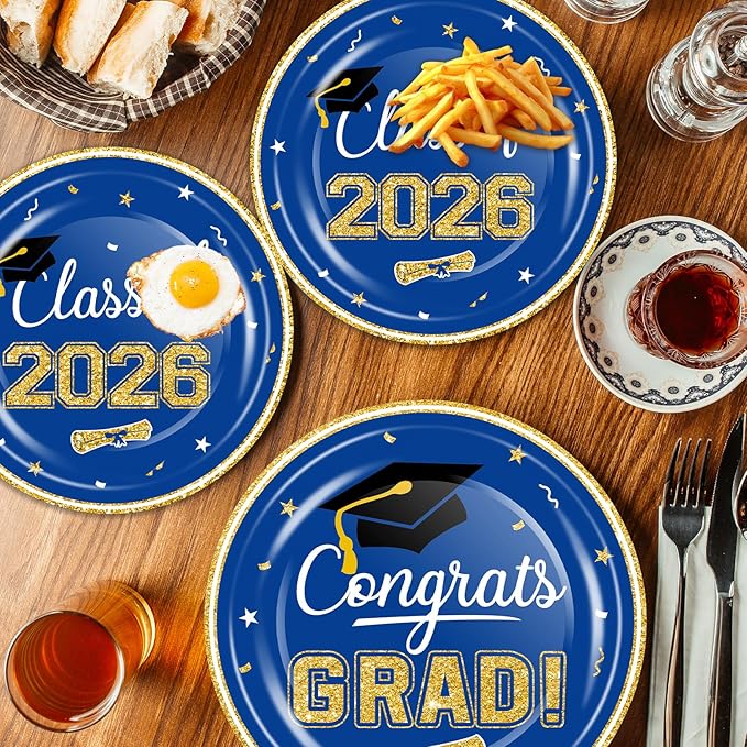 2026 Graduation Party Supplies Tableware Set - 100 Pcs Blue Gold Graduation Plates and Napkins Class of 2026 Disposable Dinnerware for College High School Congrats Grad Party favors, Serve 25
