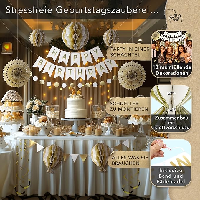 Premium Reusable Birthday Decorations - Multi-occasion Happy Birthday Banner also spells Party Day + more, Fast Assembly with Velcro - White and Gold Party Decorations for Men and Women