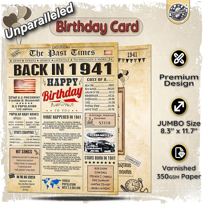 85th Birthday Card for Women Men- Back In 1941 Card - 85th HAPPY BIRTHDAY cards for Him Her - Vintage 85th birthday gifts JUMBO size 85th birthday decorations for husband wife - gift for 85 year old