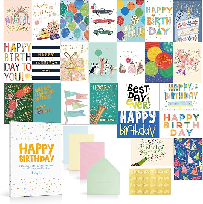 24 Pack Assorted Birthday Cards with Gold Foil, Messages, Envelopes, and Stickers | 4x6 Inch Happy Birthday Cards Bulk for Family, Kids, Friends, Work, and Office Celebrations.