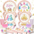 144 Pcs Princess Paper Plates Napkins, Birthday Party Supplies Include Forks Cups Straws, Summer Party Tableware Set for Kids, Serves 24 Guests
