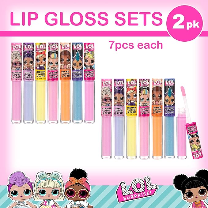 L.O.L Surprise! 14pc Lip Gloss for Girls, Lol Lip Gloss Set Value Pack, 14 Assorted Fruit Flavored Lip Glosses, Non Toxic, Kid Friendly, Party Favors, L.O.L. Surprise Gift For Kids
