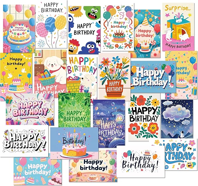 24 Pack Birthday Cards, Messages, Envelopes, and Stickers | 4x6 Inch Happy Birthday Cards Bulk for Family, Kids, Friends, Work, and Office Celebrations. (24 Pcs Cards With Cute Style)