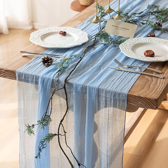 Keketoarrange Easter Spring Table Runner Light Blue Cheesecloth Gauze Rustic Cheese Cloth Table Runner 120 Inch 10 FT for Wedding Baby Shower Bridal Shower Birthday Party Sheer Home Boho Decorations