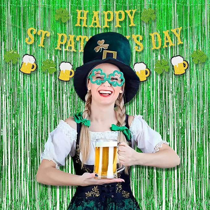 BRAVESHINE Green Party Streamers Backdrop - 2 Pack 3.2 x 8.2ft Metallic Tinsel Foil Fringe Curtains for St Patricks Day/Birthday/Hawaiian/Luau/Dinosaur/Football/Graduation/Christmas Party Decorations