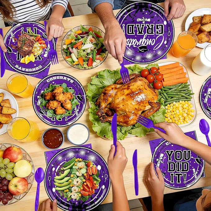 175PCS Graduation Plates and Napkins Set 2026 Graduation Party Supplies Tableware Set Include Paper Plate Napkin Cup Knife Fork Spoon for Grad Party Decor Serve25(Purple and black)