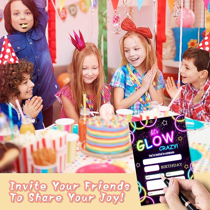 DETIHO 4" x 6" Glow Theme Birthday Party Invitation Cards With Envelopes - Let's Glow Crazy - Neon Party Invitation - 20 Sets - E22