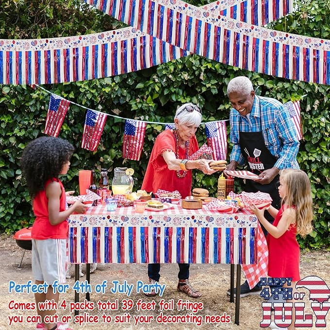 4 Pack 39Ft 4th of July Parade Floats for Trailer Car, Flag Stripes and Stars Patriotic Foil Fringe Garland Tinsel Streamers Banner Table Skirts for 4th of July Graduation Homecoming Party (Flag)