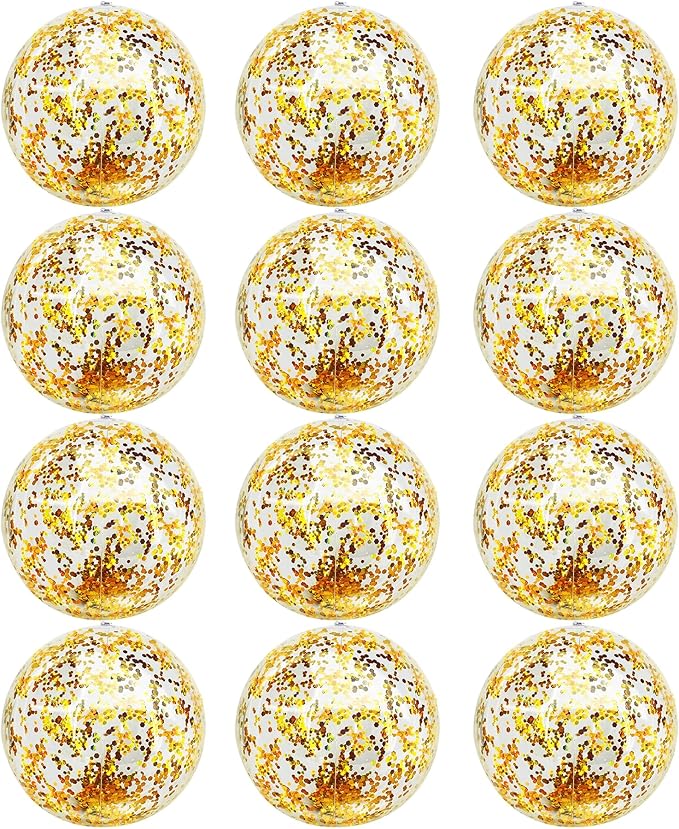 12 Pack Inflatable Glitter Beach Balls Bulk - 16" Beach Ball Swimming Pool Toys for Games Adults Kids, Summer Pool Beach Party Decoration,Luau Decorations Essential Blow Up Beach Ball (Gold,Glitter)