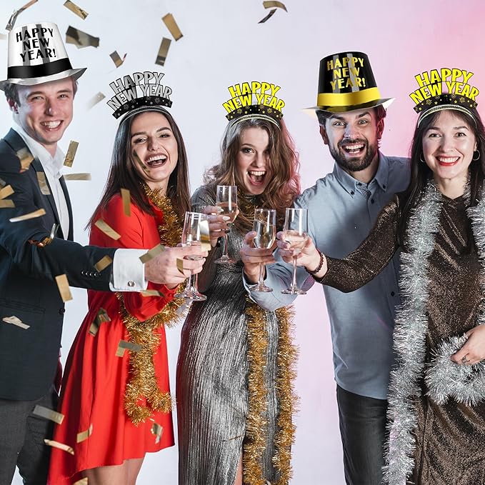 60PCS New Years Eve Party Favors, 30 People New Years Party Hats, Happy Eve Accessories Gold Silver Black, Cardboard Cone Hat Top Party Horn Blowers Tiara Supplies Decorations