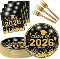 75 Pcs Graduation Plates and Napkins Party Supplies Set,Serves 25 Guests Black Gold 2026 Graduation Plates and Napkins,Disposable Paper Tableware Set for Graduation Party Decorations