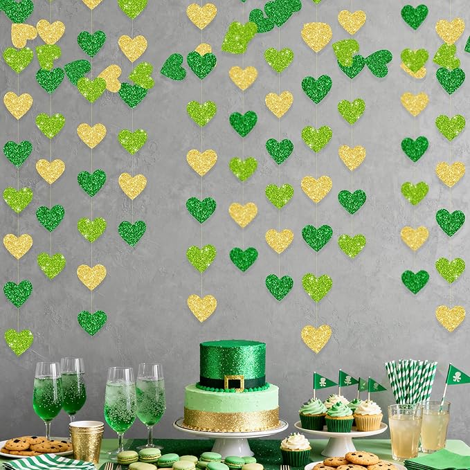 Gold and Green Heart Party Decorations Glitter Paper Love Heart Hanging Banner Streamer Garland for Birthday Wedding Valentines Day Spring Master Golf St Patrick's Day Christmas Holiday Party Supplies
