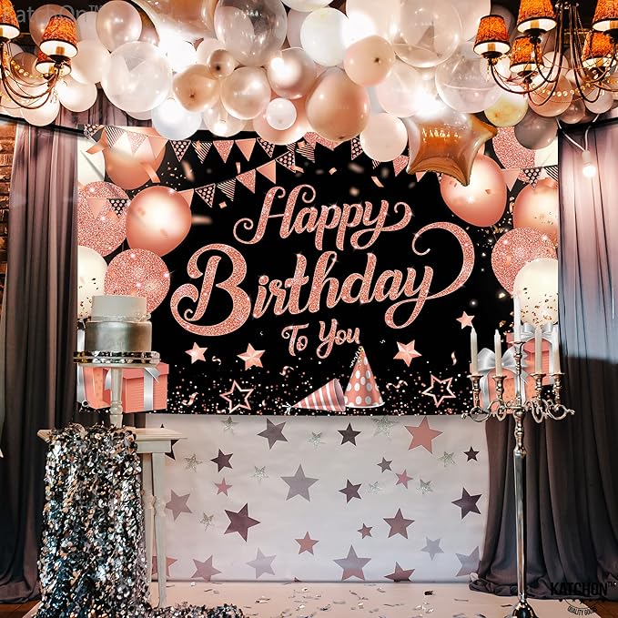 KatchOn, XtraLarge Rose Gold Happy Birthday Banner - 72x44 Inch | Black and Rose Gold Happy Birthday Decorations for Women | Rose Gold Party Decorations, Bday Backdrop for Girls
