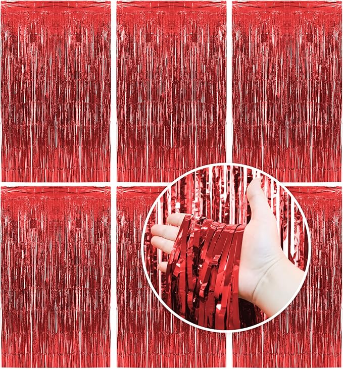 Homiest 6 Pack Red Tinsel Backdrop, 3.3x6.6 FT Metallic Tinsel Foil Fringe Curtains Party Decorations, Birthday Door Streamers for Baby Shower Wedding, Photo Booth Props Background Wall Decor