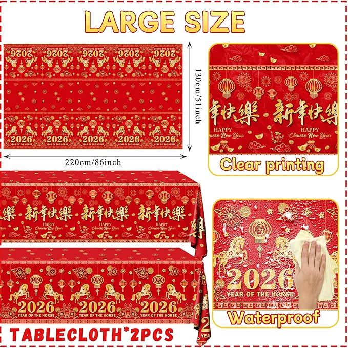 Chinese New Year Table Cloth,2pcs Lunar New Year Tablecloth Red and Gold Horse Rectangle Happy New Years Tablecloth for 2026 Spring Festival Decorations