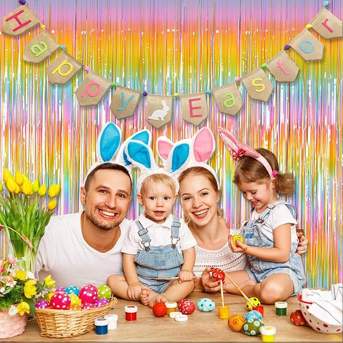 Melsan Pastel Tinsel Backdrop for Easter Decorations, Macaron Rainbow Foil Fringe Curtains 3.2 ft x 8.2 ft for Birthday Party Photo Booth Props Decoration, 2 Pack