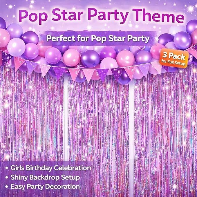Easter Decorations for Home Melsan 3 Pack 3.2 x 8.2 ft Pinkish Purple Tinsel Fringe Curtain Backdrop, Sparkling Metallic Party Decorations for Girls Birthday, Bachelorette, Wedding, Photo Booth