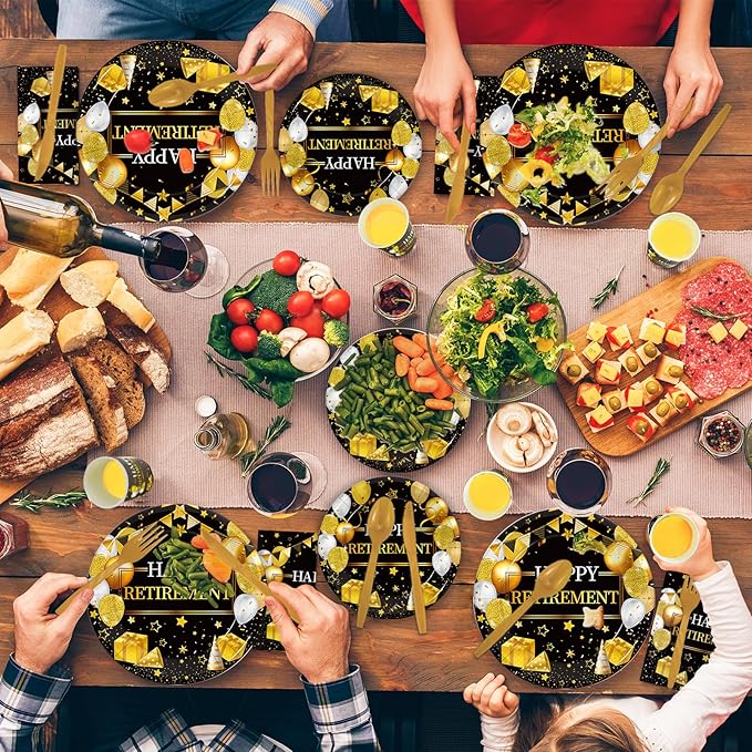 168 Pcs Retirement Party Supplies, Black Gold Happy Retirement Party Decorations for Women Retired Paper Plates Napkins Cups, Plastic Forks Knives Spoons for Going Away Decorations