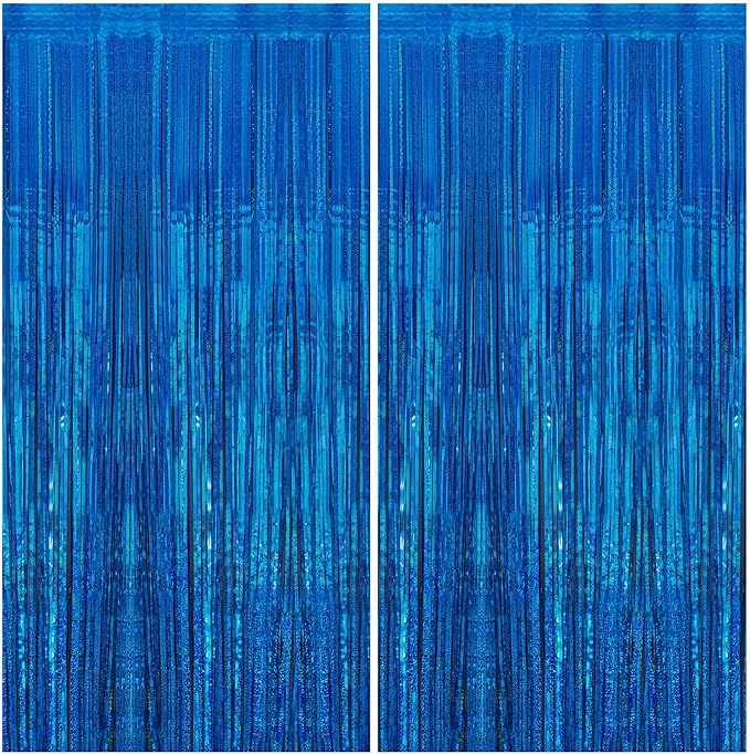 2 Pack 3.3 x 8.2 ft Tinsel Foil Fringe Curtain Backdrop, Upgraded Blue Glitter Metallic Streamers Backdrop Curtains for Birthday Parties, Baby Shower, Under the sea, Ocean Mermaid Party Decorations