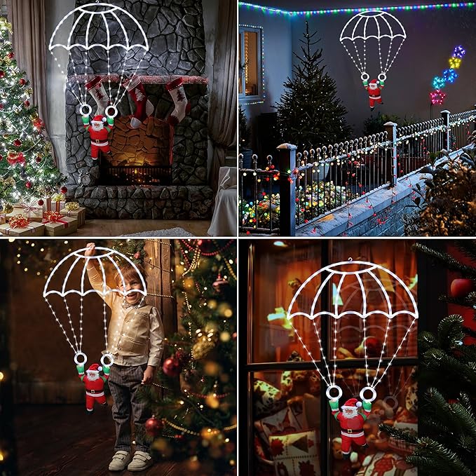 Toodour Christmas Decorations Lights Outdoor, 2.8FT Christmas Parachute Lights with Santa Claus, Waterproof 8 Modes Hanging White Xmas Light - Holiday Decorative Light for Indoor Eave Roof