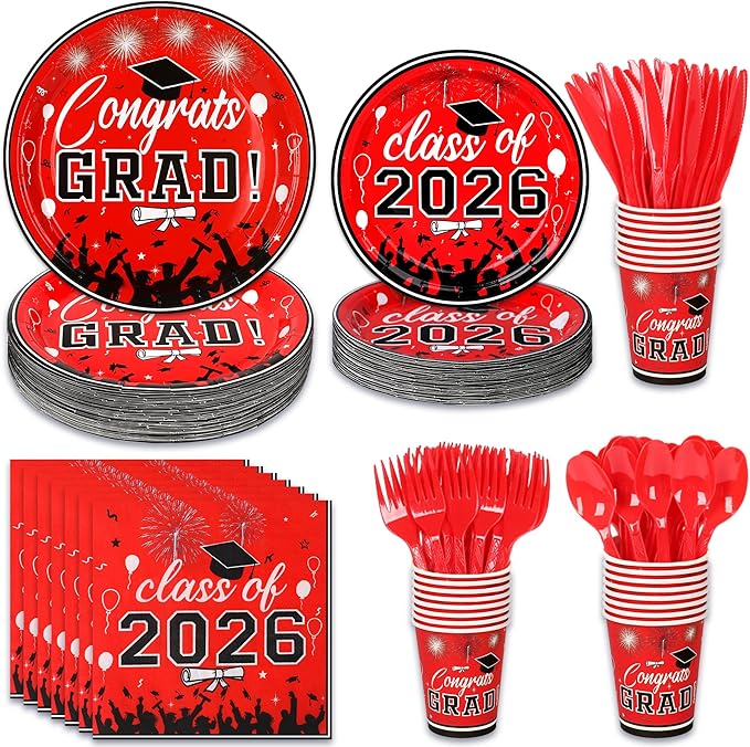 175PCS Graduation Plates and Napkins Set 2026 Graduation Party Supplies Tableware Set Include Paper Plate Napkin Cup Knife Fork Spoon for Grad Party Decor Serve25 (Red and Black)