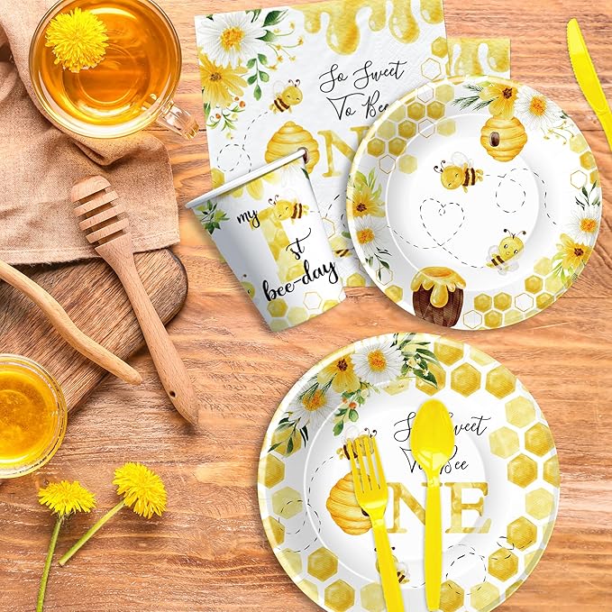 APOWBLS Bee 1st Birthday Party Supplies - Bumble Theme First Bee Day Birthday Decorations Dinnerware, Paper Plates, Cups, Napkins, Tableware Party Forks | Serve 24