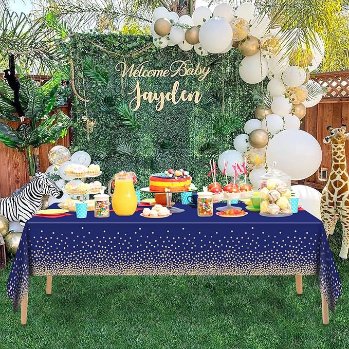 4 Pcs Navy Blue Plastic Tablecloth Gold Dot Blue Table Cloths, 54×108 inches Disposable Gold Dot Confetti Dark Blue Table Cover for Anniversary Friendsgiving Fine Dining Graduation Party Decoration…