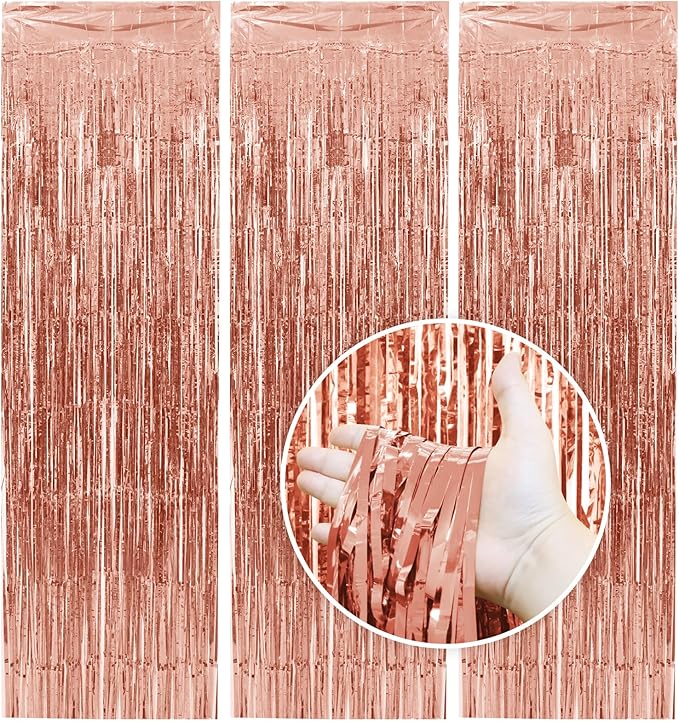 Homiest 3 Pack Rose Gold Tinsel Backdrop, 3.3x6.6 FT Metallic Tinsel Foil Fringe Curtains Party Decorations, Birthday Door Streamers for Baby Shower Wedding, Photo Booth Props Background Wall Decor