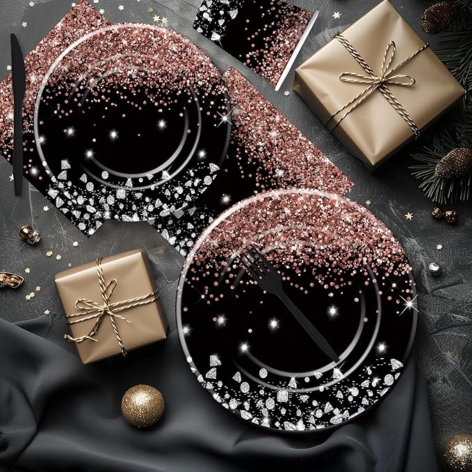 Xigejob Rose Gold And Black Party Decorations Tableware - Glitter Diamond Theme Rose Gold Party Supplies for Wedding Bridal Shower Birthday, Paper Plate, Cup, Napkin, Cutlery | Serves 24