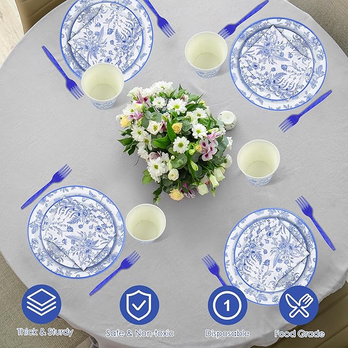 Kochorie 144 Pieces Floral Party Supplies, Blue and White Flower Tableware Sets Including Disposable Paper Plates Napkins Cups Forks Serves 24 for Wedding Baby Shower Birthday Party Decorations