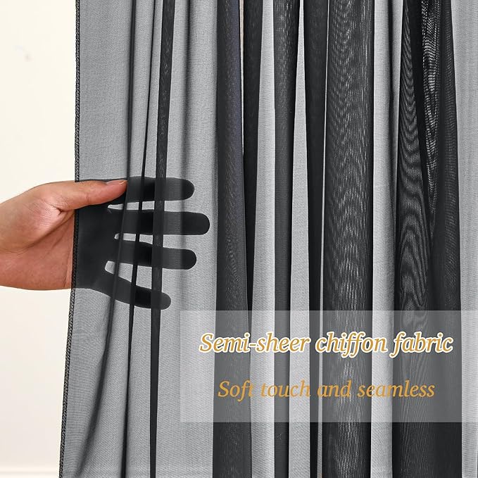 10x10ft Black Chiffon Backdrop Curtain with Lights String for Wedding Sheer Tulle Curtain Photo Backdrops Drapes for Baby Shower Birthday Party Home Ceremony Decorations