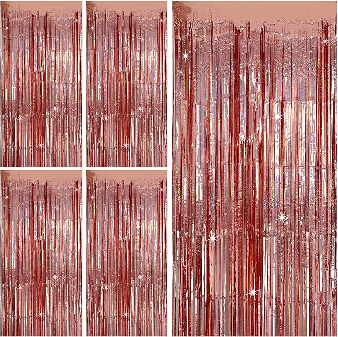 Tinsel Curtain Party Backdrop Rose Gold Birthday & Wedding Decorations 5 Packs Glitter Foil Fringe Curtain Streamers Photo Booth for Christmas & Halloween