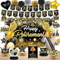 Happy Retirement Party Decorations for Men and Women - Black and Gold Banner, Backdrop Card, Sash, Hanging Swirls, Foil Balloons, Honeycomb Centerpieces