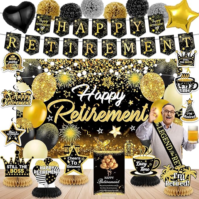 Happy Retirement Party Decorations for Men and Women - Black and Gold Banner, Backdrop Card, Sash, Hanging Swirls, Foil Balloons, Honeycomb Centerpieces