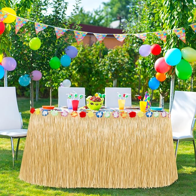Hawaiian Table Skirt, 2PCS Gold 2PCS Green Luau Themed Grass Table Skirt Party Decorations, 108 X 29.5" Flower Tropical Hula Dance Parties Supplies, Table Skirt for Summer Beach Themed Activities