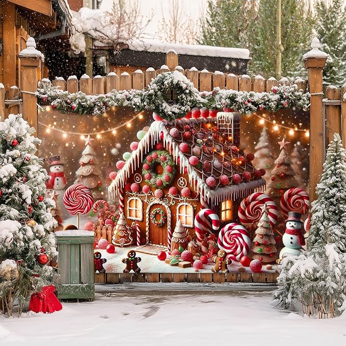 Winter Door Banner Backdrop Christmas Gingerbread House Banner Candy Cane Lollipop Tree Snowman Backdrop Holiday Sweet Wonderland Scene 71x43 inch Party Wall Decoration